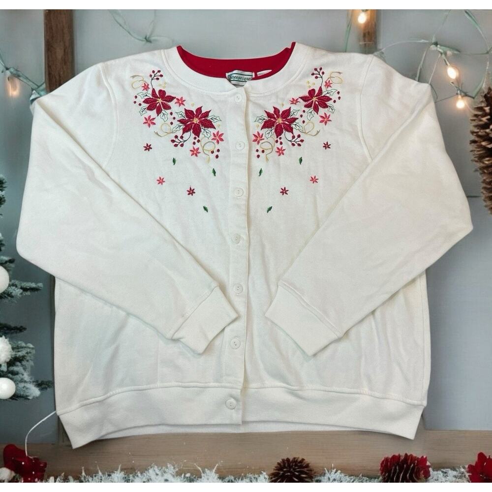 VTG Shenanigans Christmas Poinsettia Cardigan Sweatshirt Women Sz L Embroidered